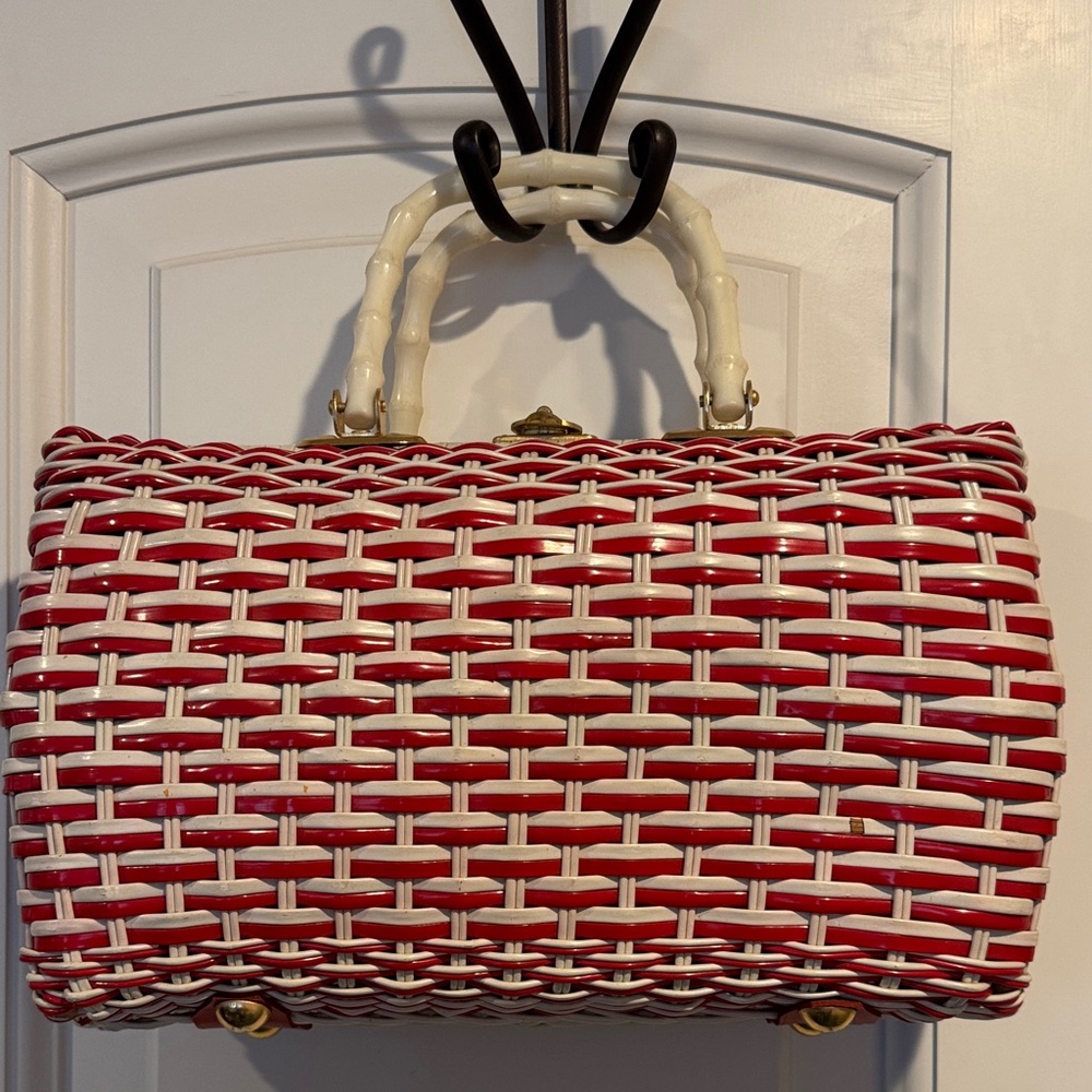 Vintage Red and White Coated Wicker Bag. Striped pattern.